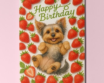 Sweet Strawberry Yorkshire Terrier dog - Fruity Friends Collection Birthday Card - Funny Animals Premium Greeting Card Envelope Personalised