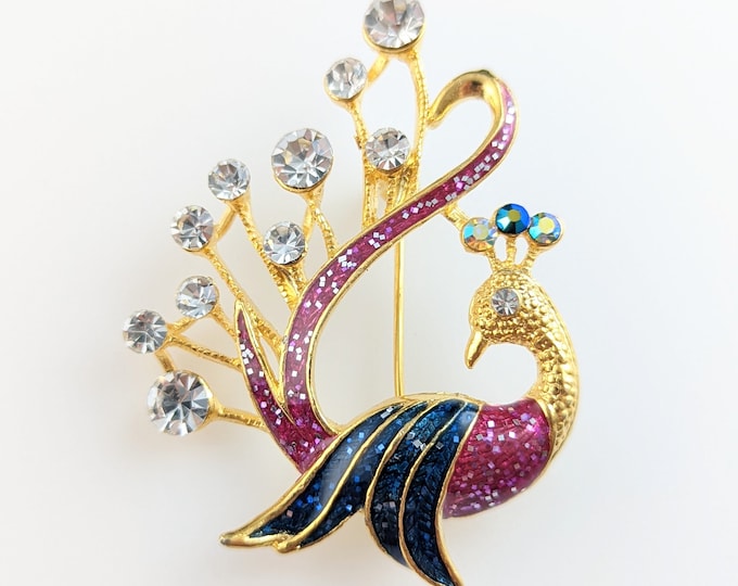 Lovely Vintage Jewellery Gold-tone  Rhinestone Enamel Peacock Brooch