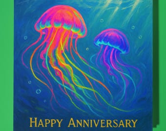 Bright glowing jellyfish - Happy Anniversary Card - Funny Animal - Premium Greeting Card & Envelope - Personalised card - Wife Husband