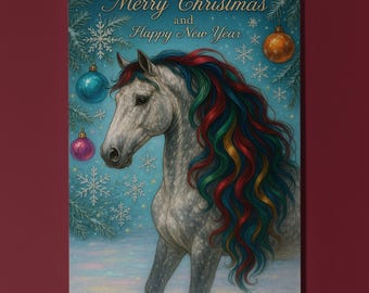 New Year Horse - Christmas decorations - Merry Christmas and Happy New Year Card -  Premium Greeting Card and Envelope Personalised card