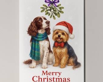Springer Spaniel & Yorkshire Terrier Dogs Under the Mistletoe Christmas Card - Funny Dog Premium Greeting Card Envelope - Personalised card