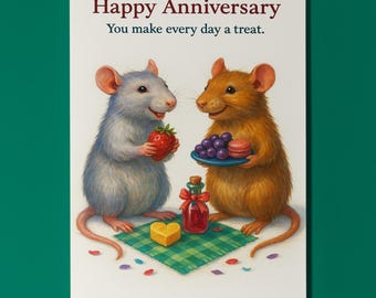 Two Rats -  You make every day a treat - Happy Anniversary Card - Funny Animal - Premium Greeting Card  and Envelope - Personalised card