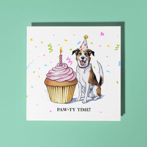 Chien drôle fait main avec un gâteau Paw-ty Time ! Carte de joyeux anniversaire Carte d'animal drôle Carte de voeux premium pour amoureux des animaux avec enveloppe blanche