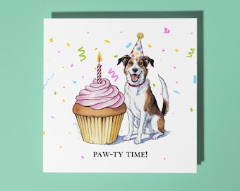 Handmade Funny dog with cake Paw-ty Time! Happy Birthday Card Funny Animal Card Animal Lovers Premium Greeting Card With White Envelope