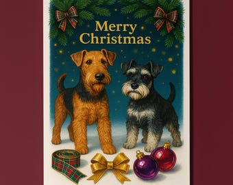 Airedale Terrier and  Schnauzer Dogs - Merry Christmas! Card - Funny Dog - Dog Breeds - Premium Greeting Card & Envelope Personalised card