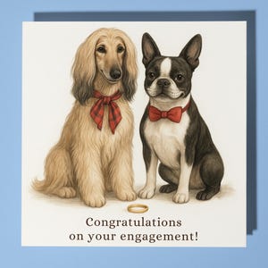 Afghaanse windhond en Boston Terrier - verlovingskaart grappig dier - Premium wenskaart en envelop - gepersonaliseerde hondenkaart - koppel