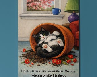 Cat Birthday Card, Funny Plant Pot Cat Card, Cute Personalised Cat Lover Gift