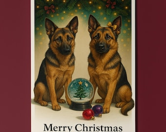 German Shepherd Dogs - Cozy Nose and Snow Globe Merry Christmas Card - Funny Dogs - Dog Breeds - Premium Greeting Card Envelope Personalised
