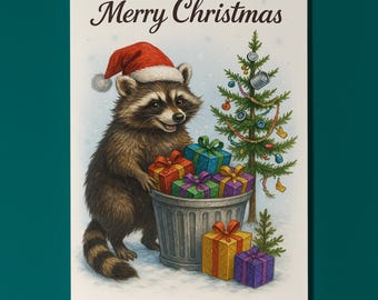 Santa’s Trash Helper Recycling Raccoon - Merry Christmas! Card - Funny animals - Premium Greeting Card and Envelope - Personalised card