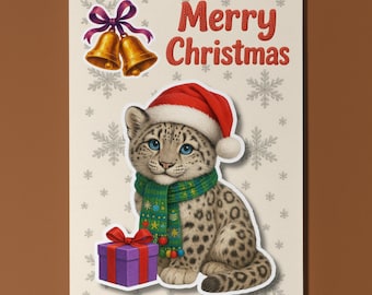 Snow Leopard Cub with a Gift - Pop Animal 3D Collection Christmas Card - Funny Animal - Premium Quality Greeting Card Envelope Personalised