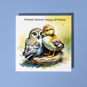 Feito à mão Uma coruja e um patinho fofos - Amigos para sempre! Cartão de feliz aniversário Cartão engraçado de animais Amantes de animais Cartão de felicitações premium e envelope