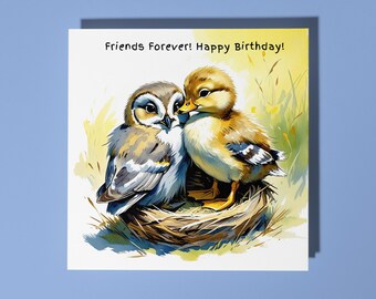 Handmade A cute owl and duckling - Friends Forever!  Happy Birthday Card Funny Animal Card Animal Lovers Premium Greeting Card & Envelope