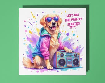 Handmade Retro 80s Golden Retriever - PAW-TY Started! Happy Birthday Card Funny Animal Card Animal Lovers Premium Greeting Card Envelope
