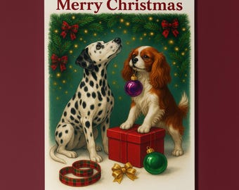 Cavalier King Charles Spaniel Dalmatian - Santa’s Helpers Christmas Card - Funny Dog Breeds - Premium Greeting Card & Envelope Personalised