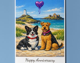 Anglesey - Llanddwyn Island  - Welsh Corgi and Airedale Terrier Dogs Happy Anniversary Card Funny Breeds - Premium Envelope - Personalised
