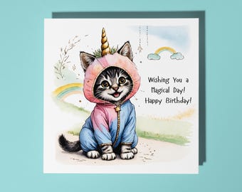 Handmade Cute kitten in a unicorn costume Magical Day! Happy Birthday Card Funny Animal Card Animal Lovers Premium Greeting Card & Envelope