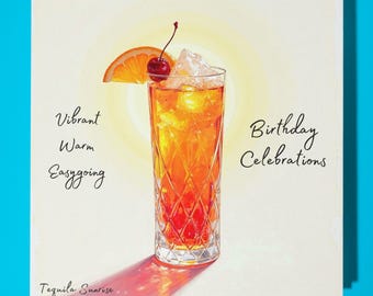Cocktail collection - Tequila Sunrise - Vibrant Warm  Happy Birthday Card - Premium Greeting Card and Envelope - Personalised card - Friends