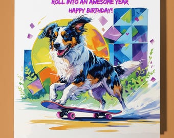 80s Border Collie  dog Happy Birthday Card - Funny Animal - Premium Greeting Card & Envelope - Personalised Dog card - Dad Son Sister Friend