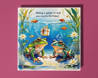 Handmade Frogs with a gift - wish you a joyful Birthday Happy Birthday Card Funny Animal Card Animal Lovers Premium Greeting Card & Envelope