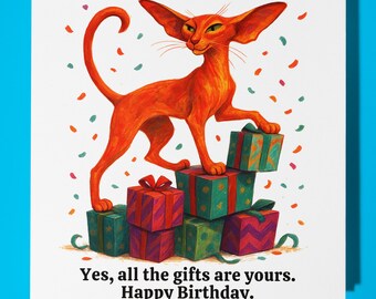 Fine Art Funnies Collection - Oriental cat  -  Happy Birthday Card - Premium Greeting Card and Envelope - Personalised card - Friend Family