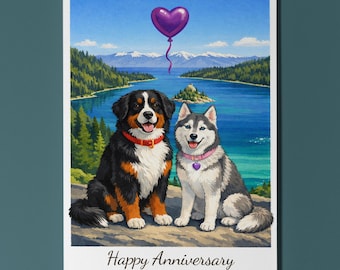 Lake Tahoe Emerald Bay Bernese Mountain Dog Husky dogs Happy Anniversary Card and Envelope Funny Premium Personalised Couples Spouses Wife