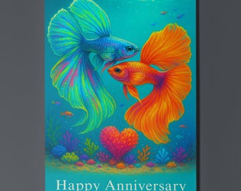 Rainbow Fish Parade Collection Fancy Guppies Duo - Anniversary Card - Funny Animal - Premium Greeting Card and Envelope - Personalised card