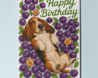 Plum Basset Hound Dog - Fruity Friends Collection Happy Birthday Card Funny Animals Premium Greeting Card Envelope Personalised - Friends
