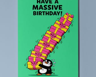 Penguin Birthday Card, Funny Gift Stack Greeting, Handmade, Handmade - Personalised Front & Inside