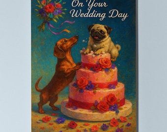 Dachshund and Pug Dogs Duo - Love & Cake - On your wedding day Card Funny Dogs - Dog Breeds - Premium Greeting Card Envelope Personalised