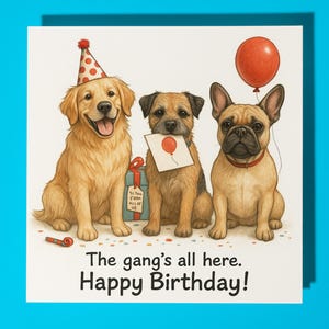 Golden Retriever Border Terrier Bulldog Francês - Cartão de Feliz Aniversário de todos nós - Envelope de cartão comemorativo premium - Cartão personalizado para cachorro