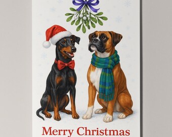 Manchester Terrier and Boxer Dogs - Under the Mistletoe Merry Christmas Card - Funny Animal - Premium Greeting Card Envelope - Personalised
