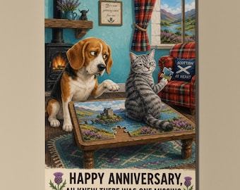Beagle Tabby Cat Personalised Anniversary Card, Funny Scottish Puzzle Missing Piece Gift