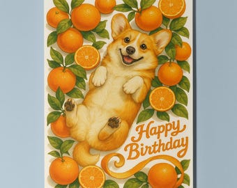 Sweet Orange Corgi Dog - Fruity Friends Collection Happy Birthday Card - Funny Animals - Premium Greeting Card & Envelope - Personalised