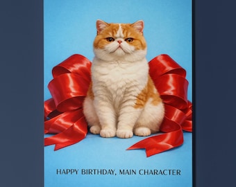 Exotic Shorthair Personalised Birthday Card, Main Character Cat Gift, Red Bow