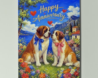 St Bernard Anniversary Dog Card Personalised, Romantic Dog Couple Card