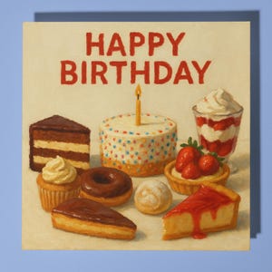 Bolos, tortas, muffins - Cartão de feliz aniversário - Animal engraçado - Envelope de cartão comemorativo premium - Cartão engraçado personalizado - Família de amigos