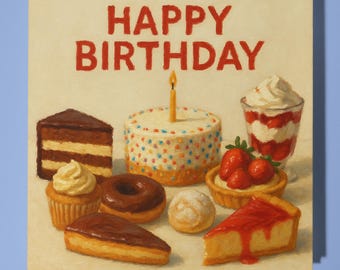Cakes Tarts Muffin - Happy Birthday Card - Funny Animal - Premium Greeting Card Envelope - Personalised funny card - friend family
