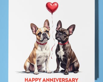 French Bulldogs red heart Happy Anniversary Card - Funny Animal - Premium Greeting Card & Envelope - Personalised Dog card - Wife Husband