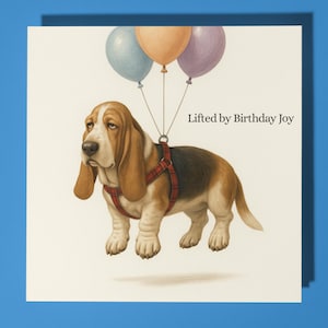 Basset Hound - Animado por la alegría del cumpleaños - Tarjeta de feliz cumpleaños - Tarjeta de felicitación premium y sobre - Tarjeta divertida personalizada para perro - Amigo Familia
