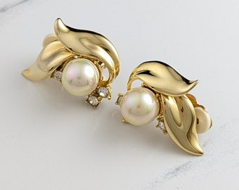 Beautiful  Vintage Jewellery Faux Pearl Diamonds Clip-on Earrings