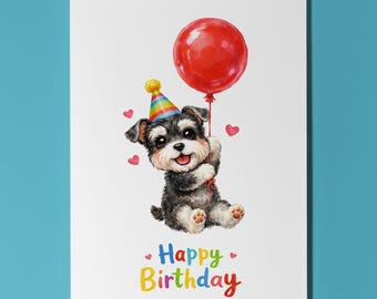 Schnauzer Birthday Card Personalised Flying Balloon Cute Dog Lover Gift