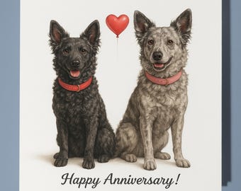 Mudi dogs and red heart Happy Anniversary Card - Funny Animal - Premium Greeting Card & Envelope - Personalised Dog card - Wife Husband