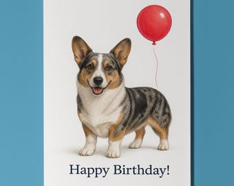 Welsh Corgi Cardigan Birthday Card, Cute Dog with Red Balloon, Personalised Greeting Card