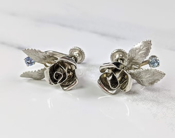 Lovely Vintage Jewellery Silver-tone Rose flower Faux Topaz Screw Back Earrings