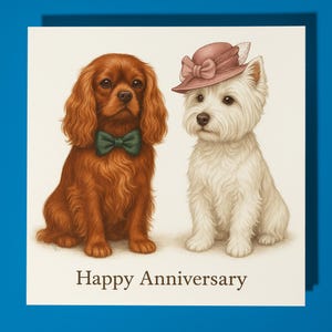 Cavalier Spaniel West Highland Terrier - Biglietto di auguri di buon anniversario con animale divertente - Biglietto di auguri premium e busta - Biglietto di auguri personalizzato per cani