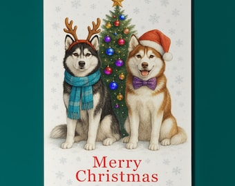 Husky Dogs Duo - Merry Christmas Card - Funny Animal - Premium Greeting Card & Envelope - Personalised card - Friend Family Members