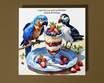 Handmade Puffin and Macaw with Creamy Berry Dessert  Happy Birthday Card Funny Animal Card Animal Lovers Premium Greeting Card & Envelope