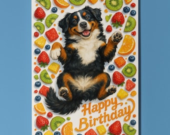 Bernese mountain Dog in Fruit Salad Fruity Friends Collection Happy Birthday Card Funny Animals Premium Greeting Card Envelope Personalised