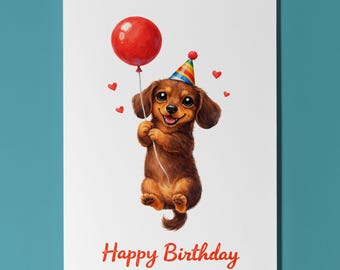 Dachshund Dog Birthday Card, Balloon Puppy Gift, Cute Personalised Dog Lover Gift