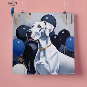 Elegante stampa artistica da parete raffigurante un cane Alano con palloncini blu, regalo perfetto per gli amanti degli animali, 295 mm x 295 mm, carta opaca da 300 g/m², senza cornice